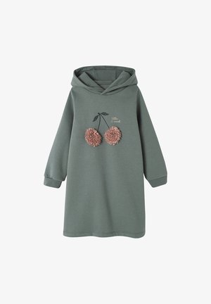 Graues Kinderkleid mit Kapuze, langen Ärmeln, pinkem strukturiertem Kirsch-Applikation und dem Text "klein & süß" auf der Vorderseite.