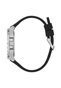 Orologio in acciaio inossidabile con cinturino in gomma nera. La lunetta presenta un design texturizzato. Il lato mostra un pulsante rotondo e hardware di chiusura.