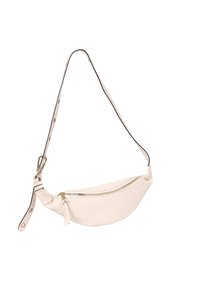 Borsa a tracolla bianca in pelle con forma curva, chiusura con zip, tracolla regolabile e dettagli in metallo. Superficie testurizzata con dettagli sottili.