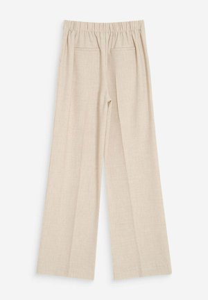 Beige broek met wijde pijpen, elastische tailleband en twee achterpasvormzakken, gemaakt van lichtgewicht geweven stof.