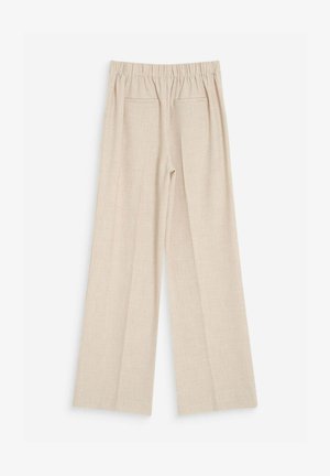 Pantalones beige de pierna ancha con cintura elástica y dos bolsillos de ojal en la parte trasera, confeccionados en tejido ligero de tejido plano.