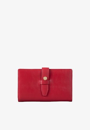 Red leather wallet with a smooth texture, rectangular shape, and a fold-over design. Features a gold snap closure and a matching strap accent.