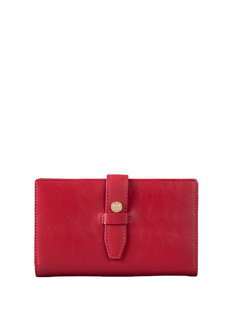 Red leather wallet with a smooth texture, rectangular shape, and a fold-over design. Features a gold snap closure and a matching strap accent.