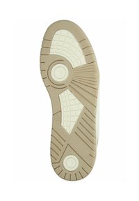 Suela de zapato con una superficie de goma beige texturizada, que presenta un patrón de banda de rodadura geométrico y acentos circulares. Indica tamaño 42.