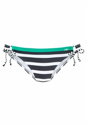 Bikini-Höschen mit grünem Bund und schwarz-weißem Streifenmuster. Mit verstellbaren Seitenschnüren und einem glatten, dehnbaren Stoff.
