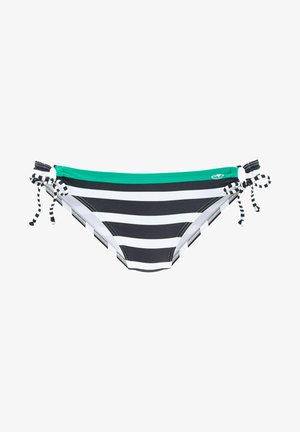 Bikini bottom with green waistband and black-and-white striped pattern. Features adjustable side ties and a smooth, stretchy fabric.