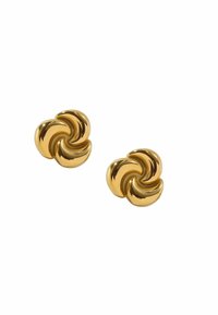 Orecchini in metallo color oro con un design a spirale a tre petali, caratterizzati da una finitura liscia e lucida e bordi arrotondati.