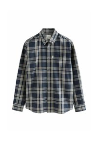 Cămașă cu model tartan în nuanțe de navy și crem, cu mâneci lungi, guler și un buzunar pe piept. Material delicat cu o croială structurată.