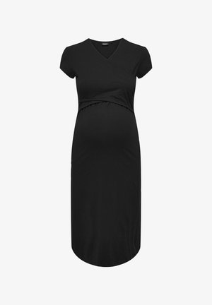 Melnā grūtniecības kleita, kas izgatavota no mīksta auduma, ar īsām piedurknēm, V-veida kakla izgriezumu un ruškotu priekšpusi, kas nodrošina komfortu un labu pielāgošanos.