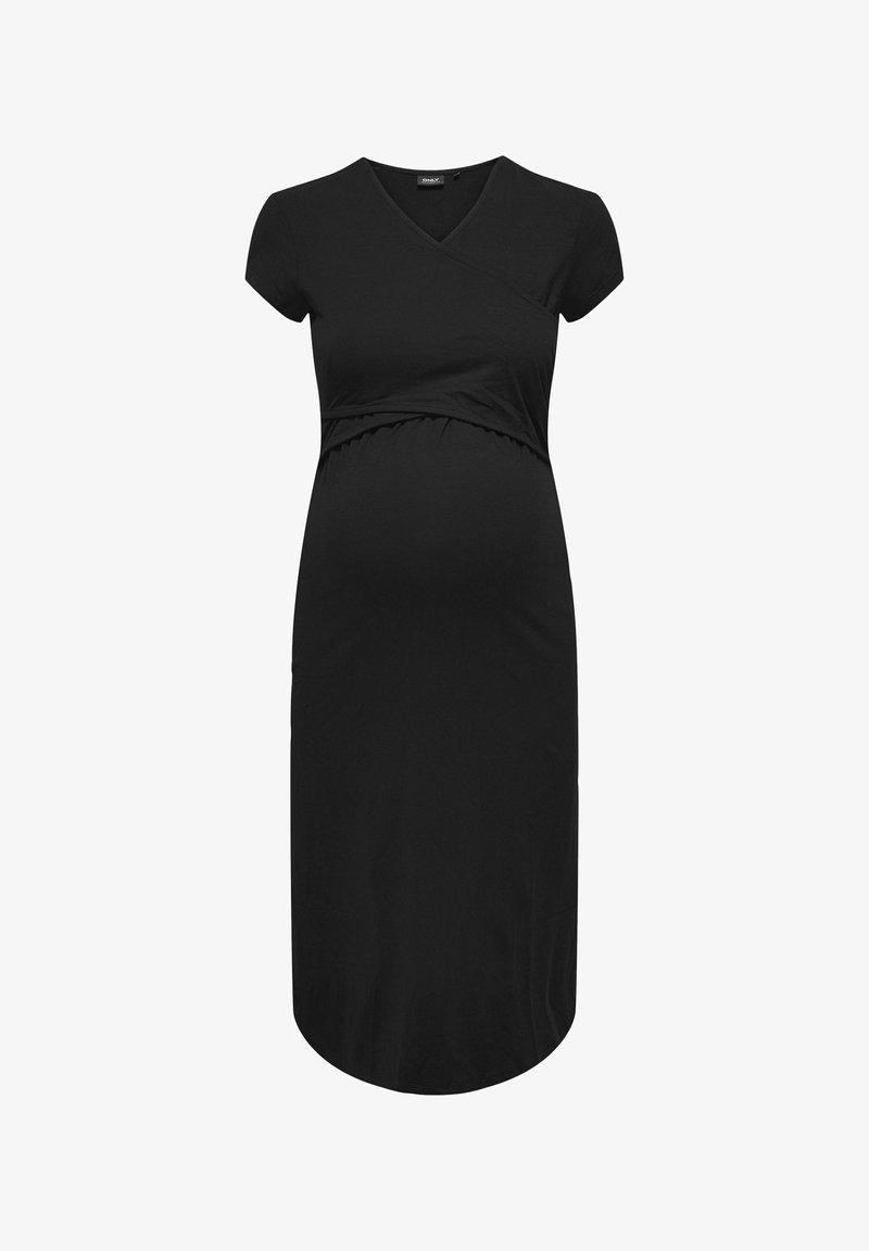 Črna materinska obleka iz mehkega blaga, z kratkimi rokavi, V-izrezom in nabiranjem na sprednji strani za udobje in prileganje.