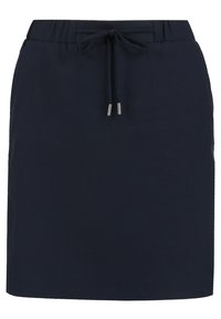 Jupe bleu marine à mi-mollet avec taille élastique et cordon de serrage à l'avant avec embouts en métal, fabriquée en tissu texturé.