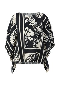 Zwart-witte bloempatronen korte mouwen blouse, met een rechtlijnige vorm, brede mouwen en een ronde halslijn met een ontspannen pasvorm.