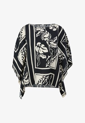 Black and white floral printed short-sleeve blouse, featuring a boxy shape, wide sleeves, and a round neckline with a relaxed fit.