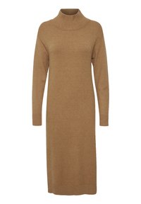 Rochie tricotată de culoare maro, cu guler înalt, mâneci lungi, manșete și tiv ribbate, având o siluetă ajustată care se extinde până la jumătatea gambei.
