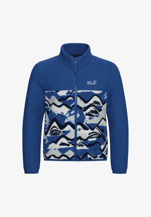 Sinine fliisjakk täieliku lukuga ees ja abstraktse mäemustri trükiga rinnal, millel on kõrge krae ja "Jack Wolfskin" logo.