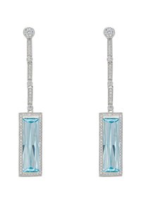 Silver earrings featuring elongated rectangular aquamarine stones, surrounded by small clear diamonds on a delicate chain design.