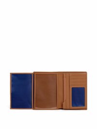 Portefeuille en cuir marron avec une finition texturée. L'intérieur comprend des compartiments en cuir bleu, des emplacements pour cartes et une poche transparente pour carte d'identité.