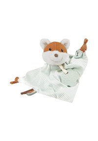 Soft plush fox toy with brown and white fur, attached to a light green striped fabric. Features a textured mint green teether.