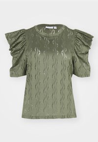 Top de manga corta verde olivo con patrón texturizado en ondas y mangas abullonadas. Cuello redondo y dobladillo recto. Fabricado en un tejido de punto ligero.