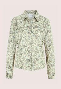 Hemdat met lange mouwen, knoopsluiting en een beige achtergrond, versierd met een ingewikkeld paisleypatroon in lichtblauw, bruin en zwart.