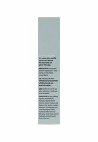 Helle blaue rechteckige Verpackung für einen Augen-Roll-On. Der Text enthält den Produktnamen, Anwendungshinweise und Inhaltsstoffe. Sauberes Design mit matter Oberfläche.