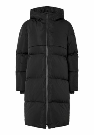 Czarna kurtka puchowa z kapturem, wyposażona w pełny przedni zamek błyskawiczny, duże pikowane segmenty oraz ściągacze na mankietach. Materiał ma gładką fakturę.