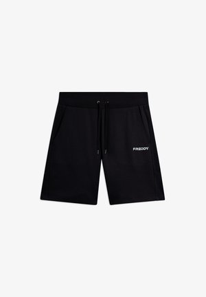 Pantaloncini neri alla lunghezza del ginocchio con vita regolabile con coulisse e tasche laterali, con il logo "FREDDY" sulla coscia destra.