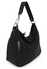 Schwarze Stoff-Hobo-Tasche mit strukturierter Oberfläche, silbernem Zubehör, einem seitlichen Quastendetail und einem verstellbaren Riemen für vielseitige Tragemöglichkeiten.