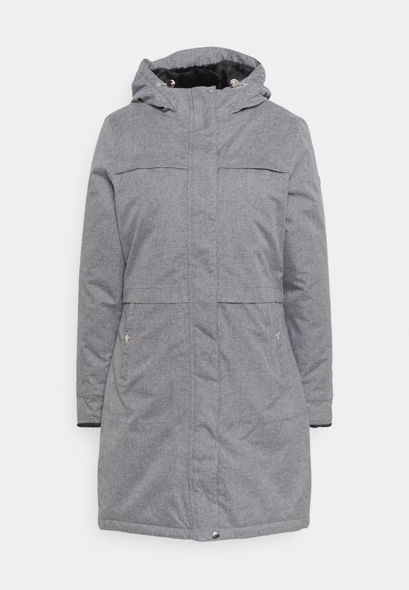 Manteau isolé gris avec une capuche amovible, deux poches avant et une finition en tissu texturé. Comprend des fermetures à pression et à zip.