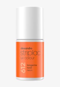 Bottiglia arancione di Alessandro Striplac UV Colour, etichettata "612 tangerine twist neon." Texture liscia, forma cilindrica, tappo bianco.