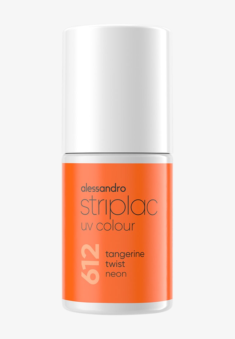 Bottiglia arancione di Alessandro Striplac UV Colour, etichettata "612 tangerine twist neon." Texture liscia, forma cilindrica, tappo bianco.