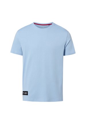 Hellblaues T-Shirt mit kurzen Ärmeln und Rundhalsausschnitt, mit einem kleinen schwarzen Etikett an der linken Seitennaht am unteren Saum.