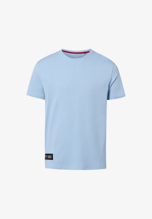 Lichtblauw T-shirt met korte mouwen en een ronde hals, voorzien van een klein zwart label vlak bij de onderste zoom aan de linkerkant.