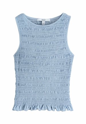 Vaaleansininen hihaton toppi, jossa on pyöreä pääntie ja röyhelöreuna, valmistettu kerätystä teksturoidusta kankaasta.