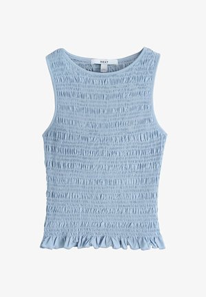 Vaaleansininen hihaton toppi, jossa on pyöreä pääntie ja röyhelöreuna, valmistettu kerätystä teksturoidusta kankaasta.