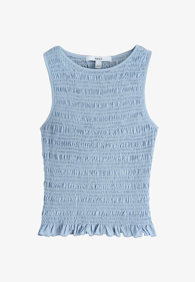 Lichtblauwe mouwloze top met smockwerk, ronde halslijn en gerimpelde zoom, gemaakt van geplooide gestructureerde stof.