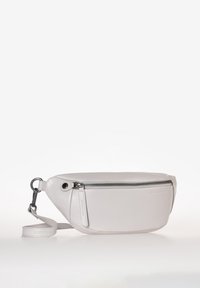 Marsupio bianco in pelle con un design elegante, dotato di una tasca frontale con zip, cinturino regolabile e una superficie liscia.