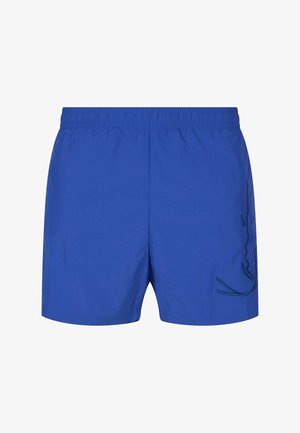 Sinised ujumispüksid elastse vöökohaga, millel on lihtne disain ja kontrastne must tikanddetail küljel.