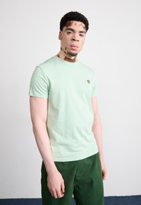 Tricou scurt din bumbac, verde mentă, cu mâneci scurte, având un gât rotund și un detaliu mic cu logo pe piept. Asortat cu pantaloni verzi închisi.