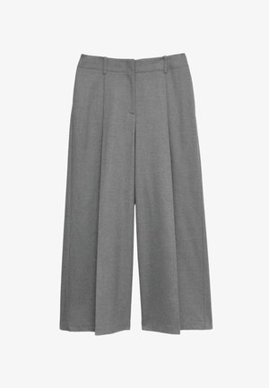 Pantaloni grigi a gamba larga con passanti per cintura, piega frontale e chiusura nascosta, realizzati in tessuto liscio.