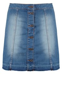Džínsová sukně ve světle modré barvě s vybledlým efektem. Obsahuje přední zapínání na knoflíky a pět knoflíků. Obroušený lem a kontrastní švy.