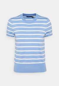 Kortärmad blå randig t-shirt i bomull. Har vita horisontella ränder, ribbad rundhalsringning och en figurnära design vid fållen.