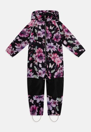Combinaison à capuche pour enfants avec motif floral rose et violet, fermeture éclair à l'avant, genoux renforcés noirs et sangles élastiques pour les pieds.