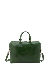 Sac à ordinateur en cuir vert avec poignées doubles, bandoulière détachable, texture lisse, coins arrondis et accents en métal doré.