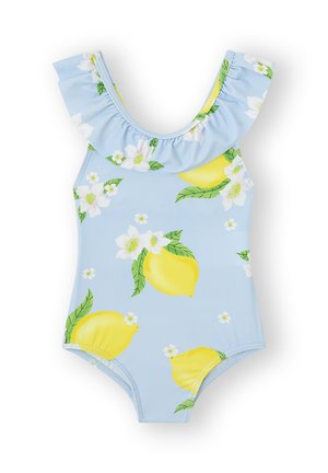 Bañador de tejido azul claro, decorado con limones amarillos y flores blancas. Las tirantes con volantes añaden detalle al diseño.