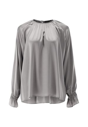Langärmlige graue Bluse aus glattem, glänzendem Stoff. Mit rundem Ausschnitt und gerafften Manschetten, in lockerer Passform mit leichtem Fall.