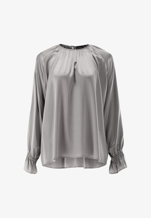 Langärmlige graue Bluse aus glattem, glänzendem Stoff. Mit rundem Ausschnitt und gerafften Manschetten, in lockerer Passform mit leichtem Fall.
