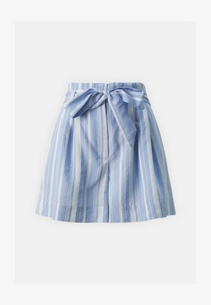 Blåstripet skjørt med knyting, laget av lett stoff. Har vertikale striper i lys og mørk blå, plissert design.