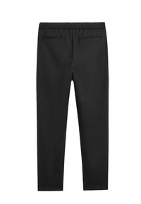 Pantaloni neri con elastico in vita, dalla texture liscia, taglio slim e due tasche posteriori. Design semplice senza motivi o accentuazioni visibili.