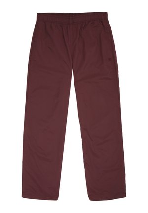 Pantalon ample bordeaux avec taille élastique et poches latérales, design uni, présenté à plat sans attaches visibles ni motifs.